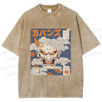 Unisex Japanese Oni Mask Printed Washed Tee