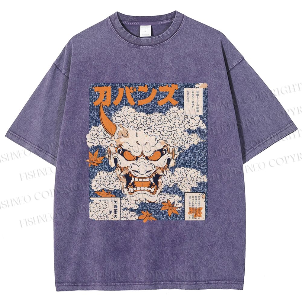 Unisex Japanese Oni Mask Printed Washed Tee