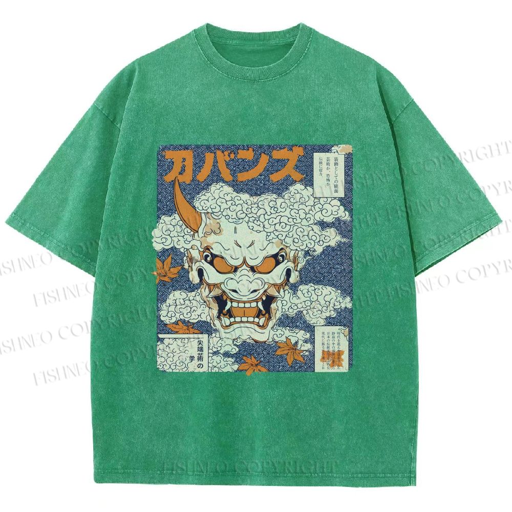 Unisex Japanese Oni Mask Printed Washed Tee