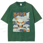 Unisex Japanese Oni Mask Printed Washed Tee