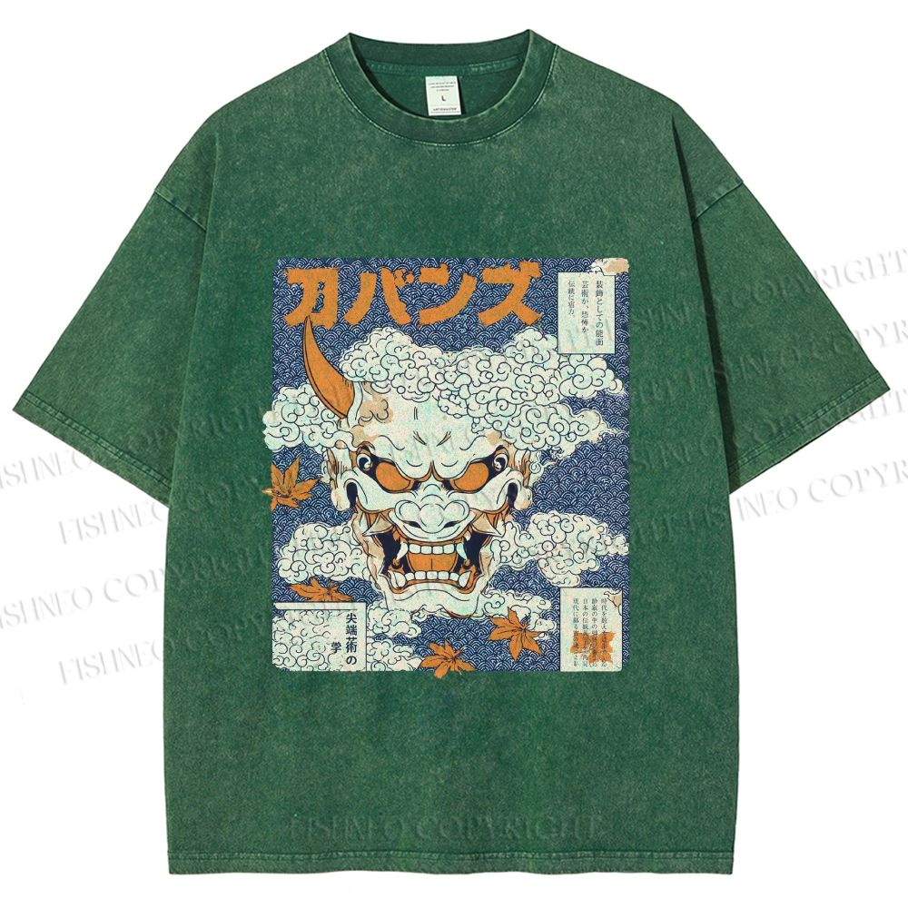 Unisex Japanese Oni Mask Printed Washed Tee