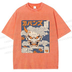 Unisex Japanese Oni Mask Printed Washed Tee