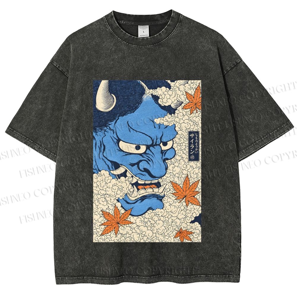 Unisex Japanese Blue Oni Mask Printed Washed Tee