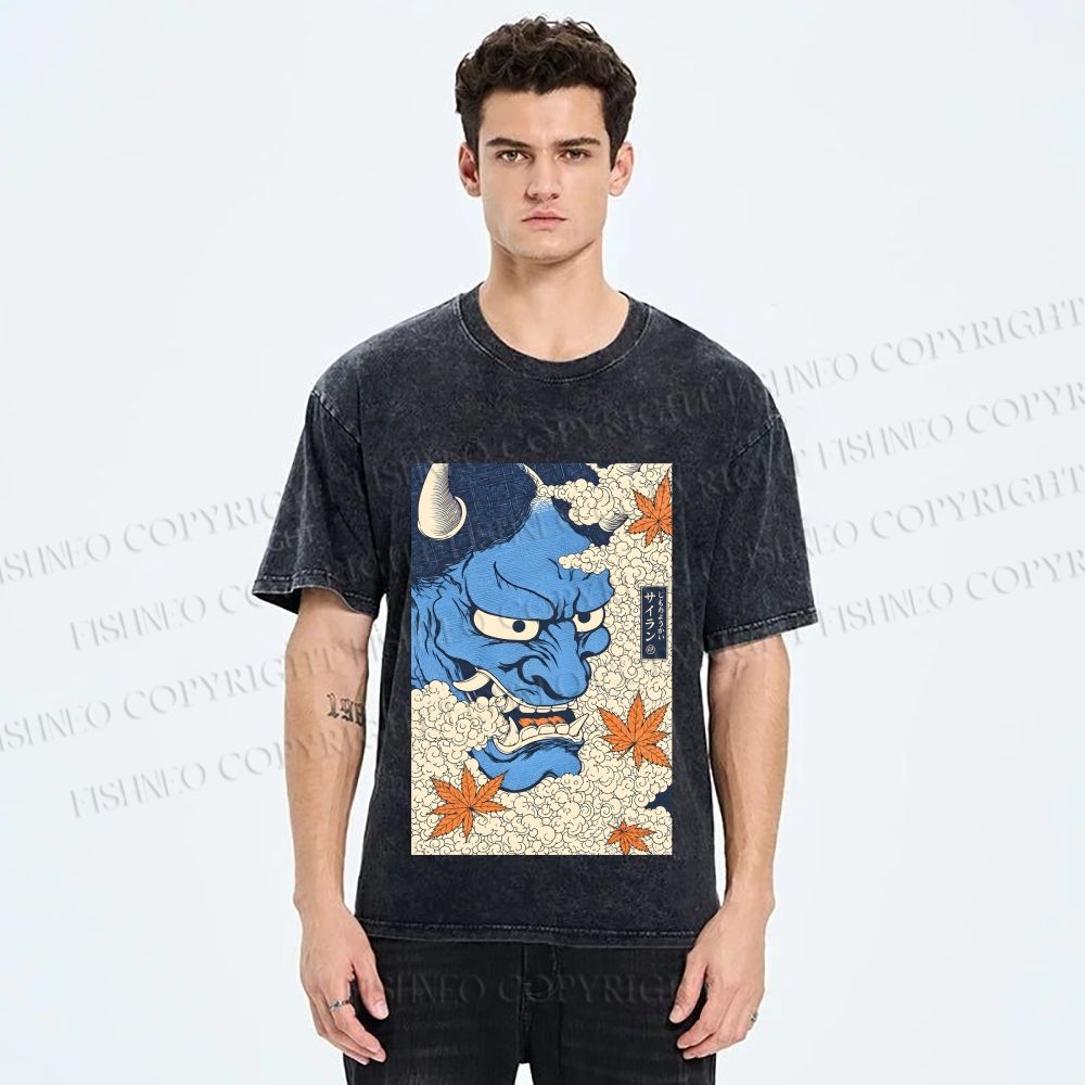 Unisex Japanese Blue Oni Mask Printed Washed Tee