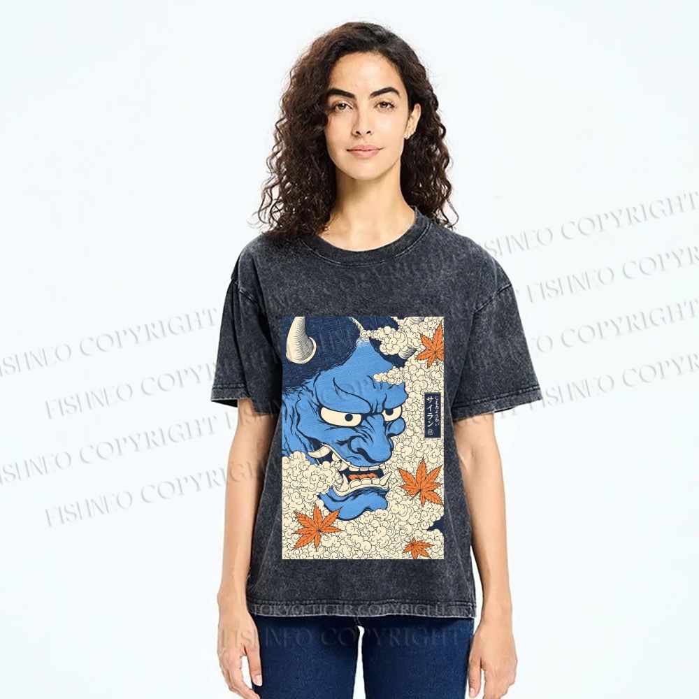 Unisex Japanese Blue Oni Mask Printed Washed Tee