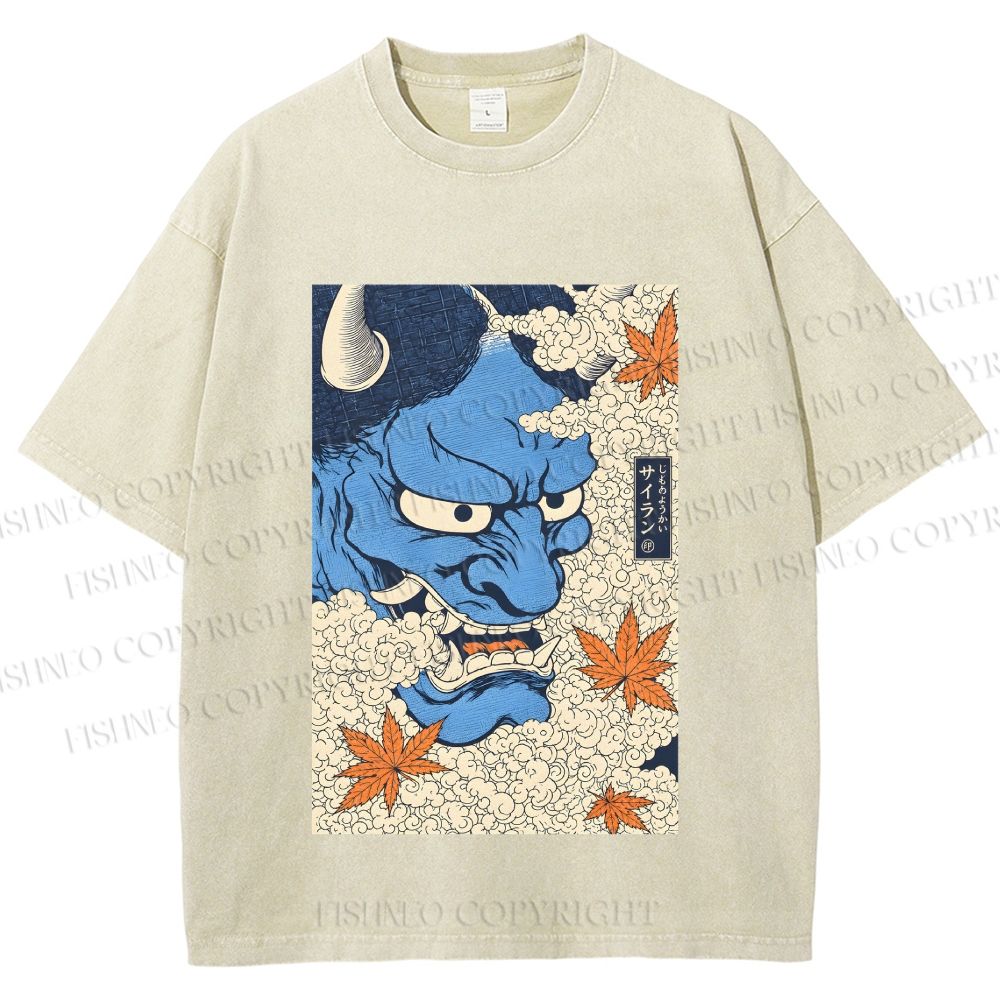Unisex Japanese Blue Oni Mask Printed Washed Tee