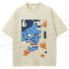 Unisex Japanese Blue Oni Mask Printed Washed Tee