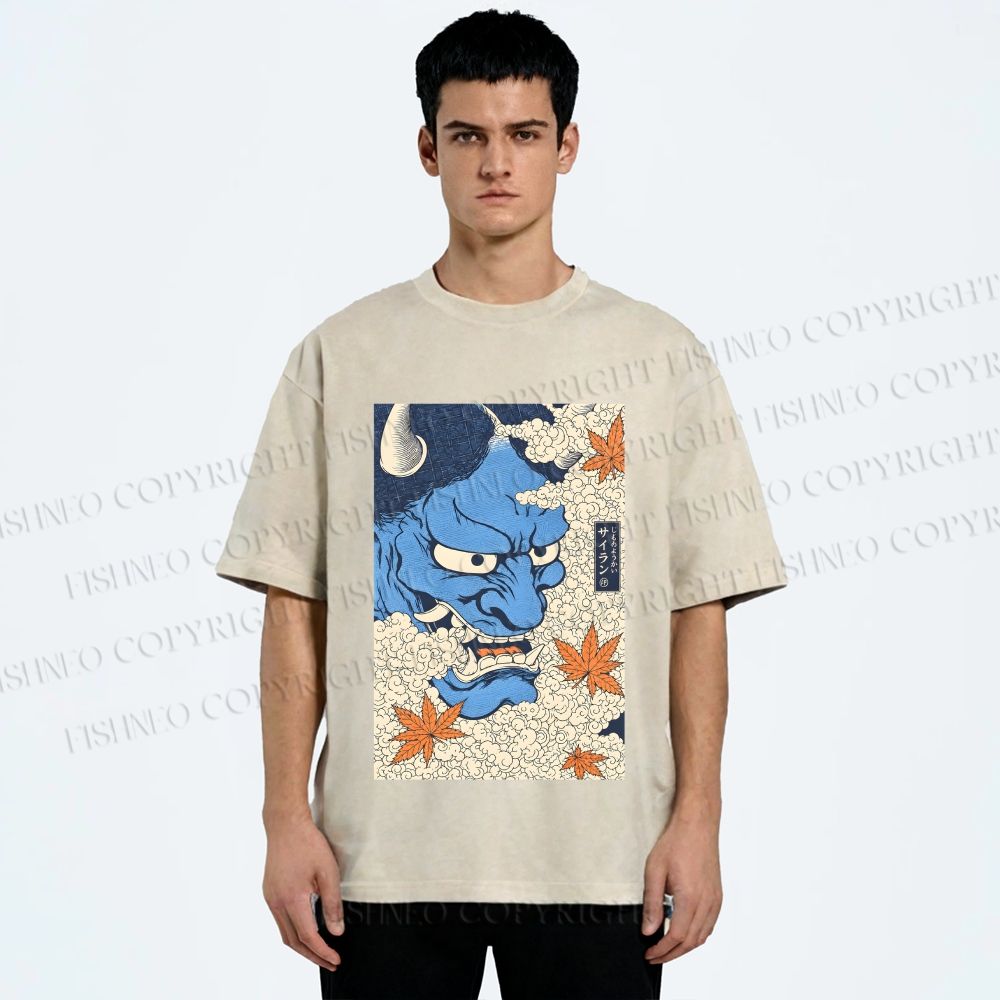 Unisex Japanese Blue Oni Mask Printed Washed Tee