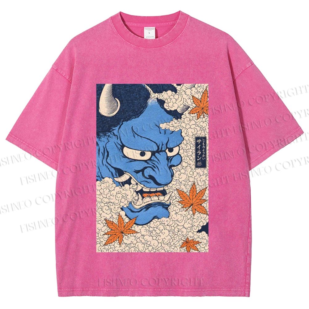 Unisex Japanese Blue Oni Mask Printed Washed Tee