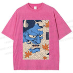 Unisex Japanese Blue Oni Mask Printed Washed Tee