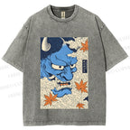 Unisex Japanese Blue Oni Mask Printed Washed Tee