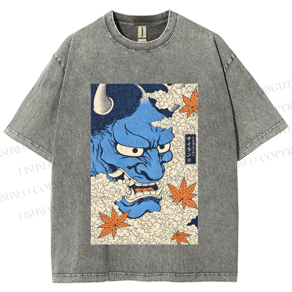 Unisex Japanese Blue Oni Mask Printed Washed Tee