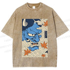 Unisex Japanese Blue Oni Mask Printed Washed Tee