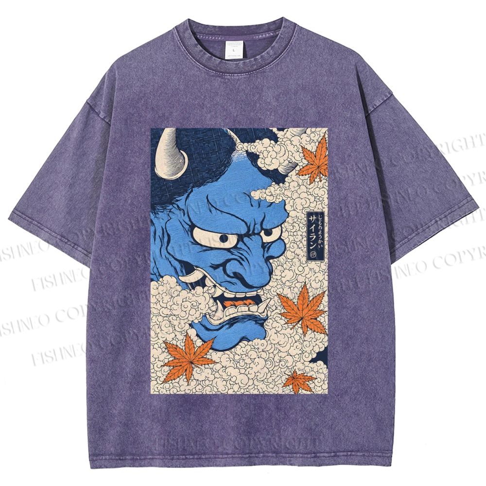 Unisex Japanese Blue Oni Mask Printed Washed Tee