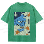Unisex Japanese Blue Oni Mask Printed Washed Tee
