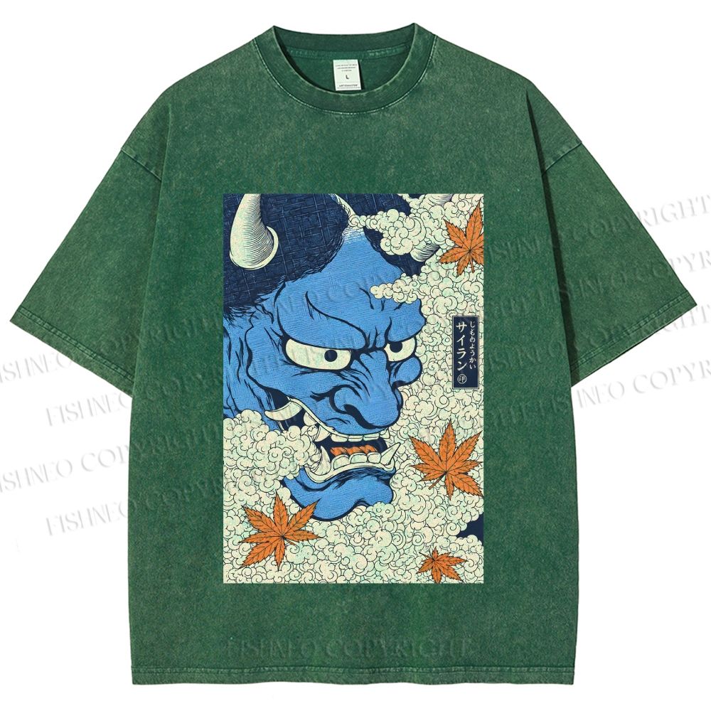 Unisex Japanese Blue Oni Mask Printed Washed Tee