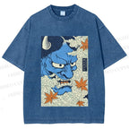 Unisex Japanese Blue Oni Mask Printed Washed Tee