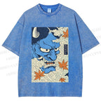 Unisex Japanese Blue Oni Mask Printed Washed Tee