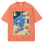 Unisex Japanese Blue Oni Mask Printed Washed Tee