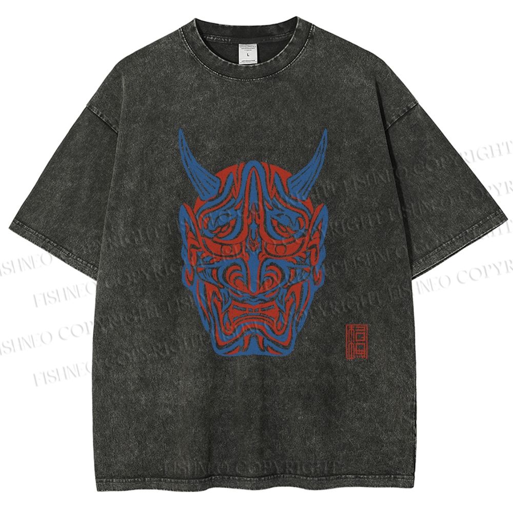 Unisex Japanese Oni Mask Printed Washed Tee