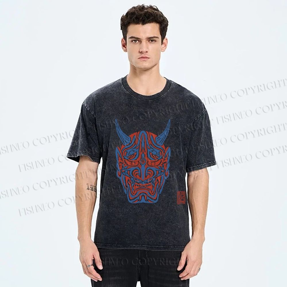 Unisex Japanese Oni Mask Printed Washed Tee