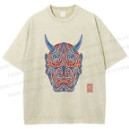 Unisex Japanese Oni Mask Printed Washed Tee
