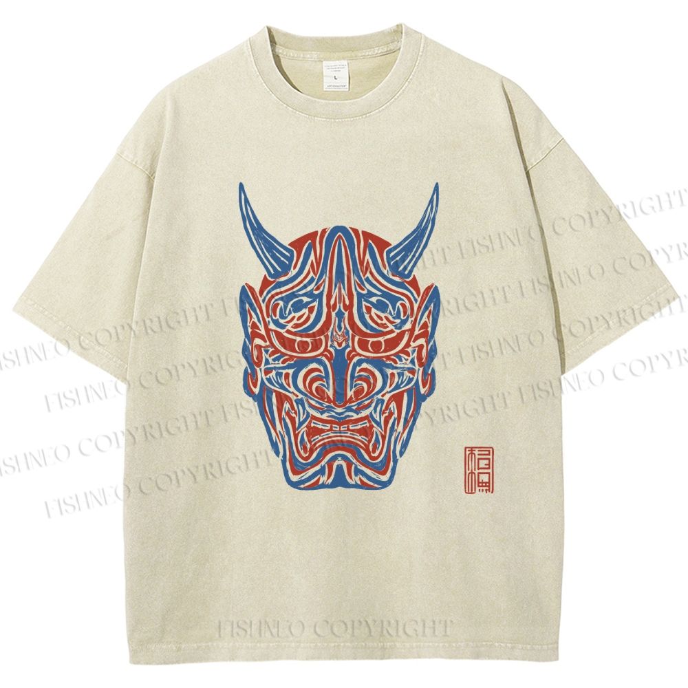 Unisex Japanese Oni Mask Printed Washed Tee