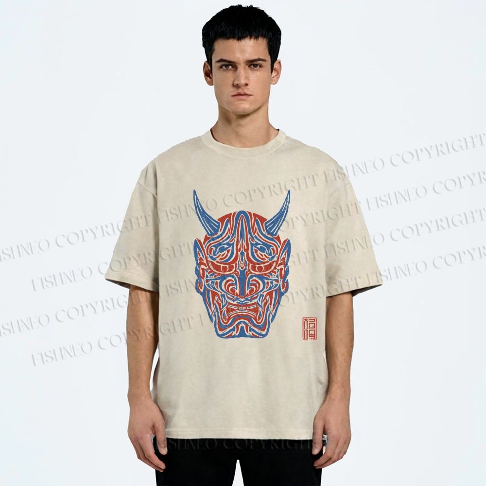 Unisex Japanese Oni Mask Printed Washed Tee