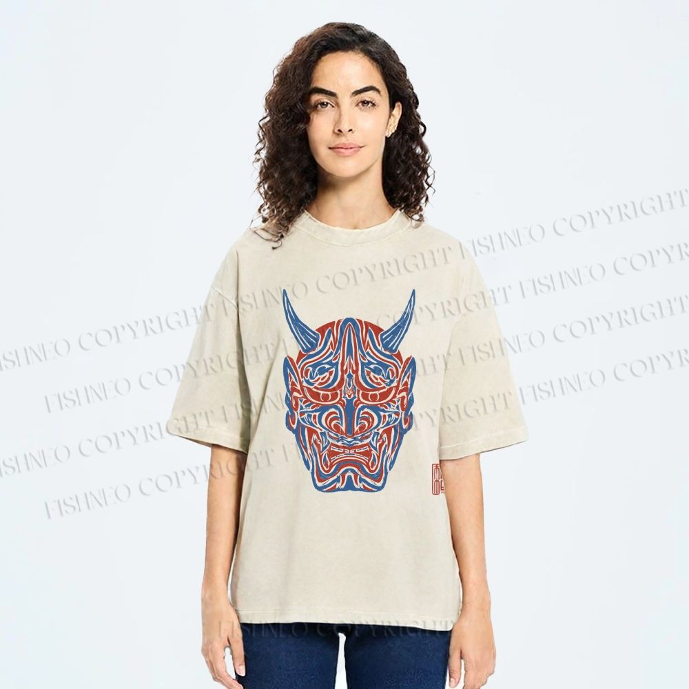 Unisex Japanese Oni Mask Printed Washed Tee