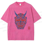 Unisex Japanese Oni Mask Printed Washed Tee