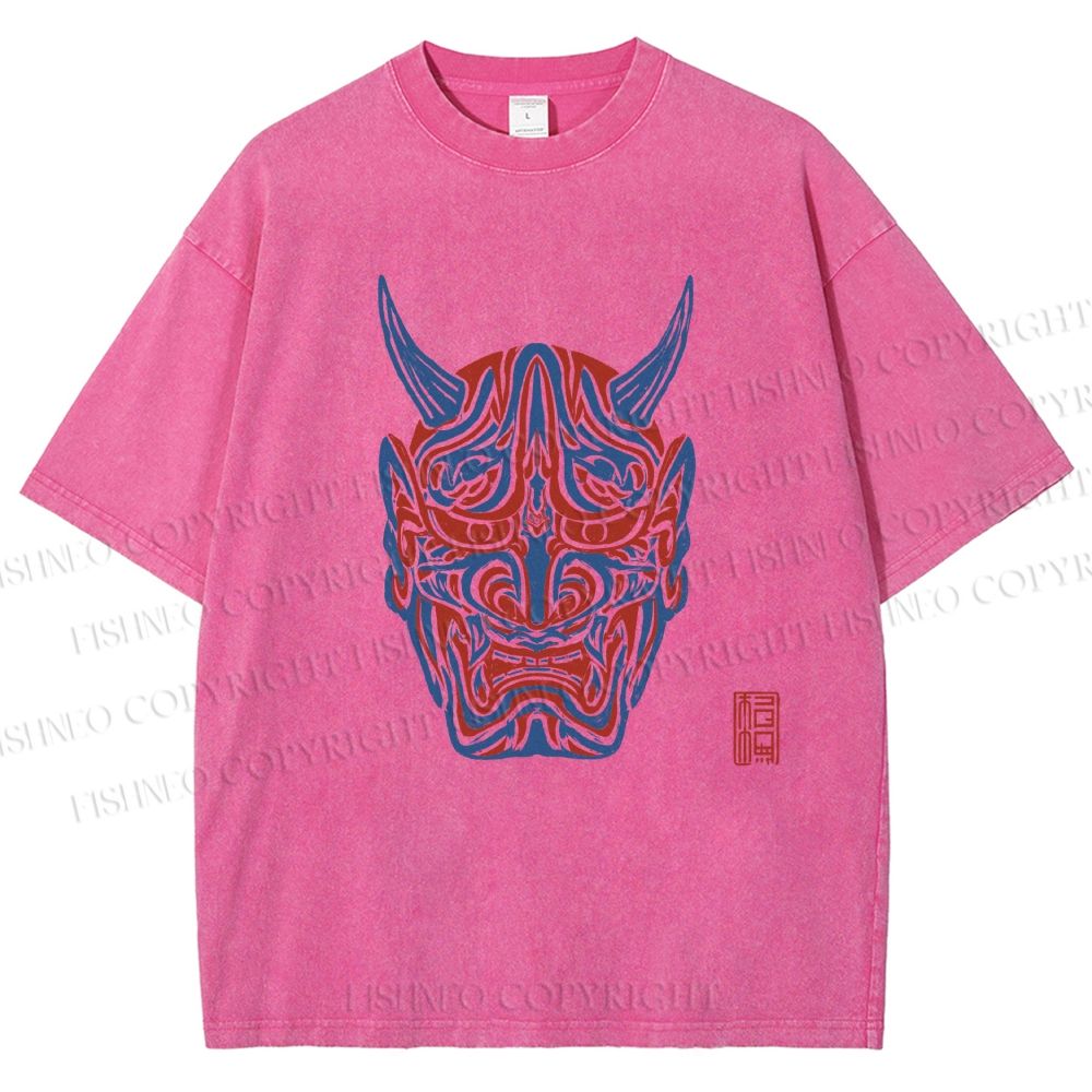 Unisex Japanese Oni Mask Printed Washed Tee