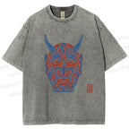 Unisex Japanese Oni Mask Printed Washed Tee
