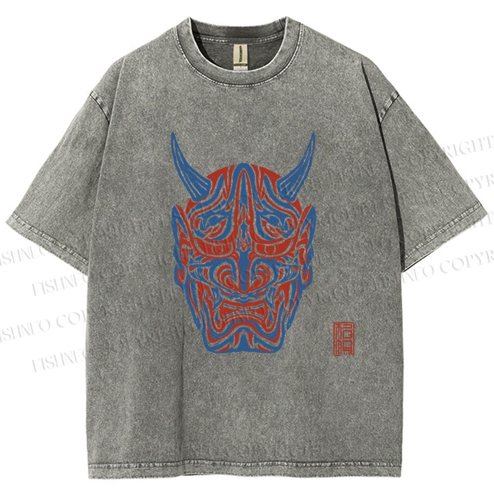 Unisex Japanese Oni Mask Printed Washed Tee