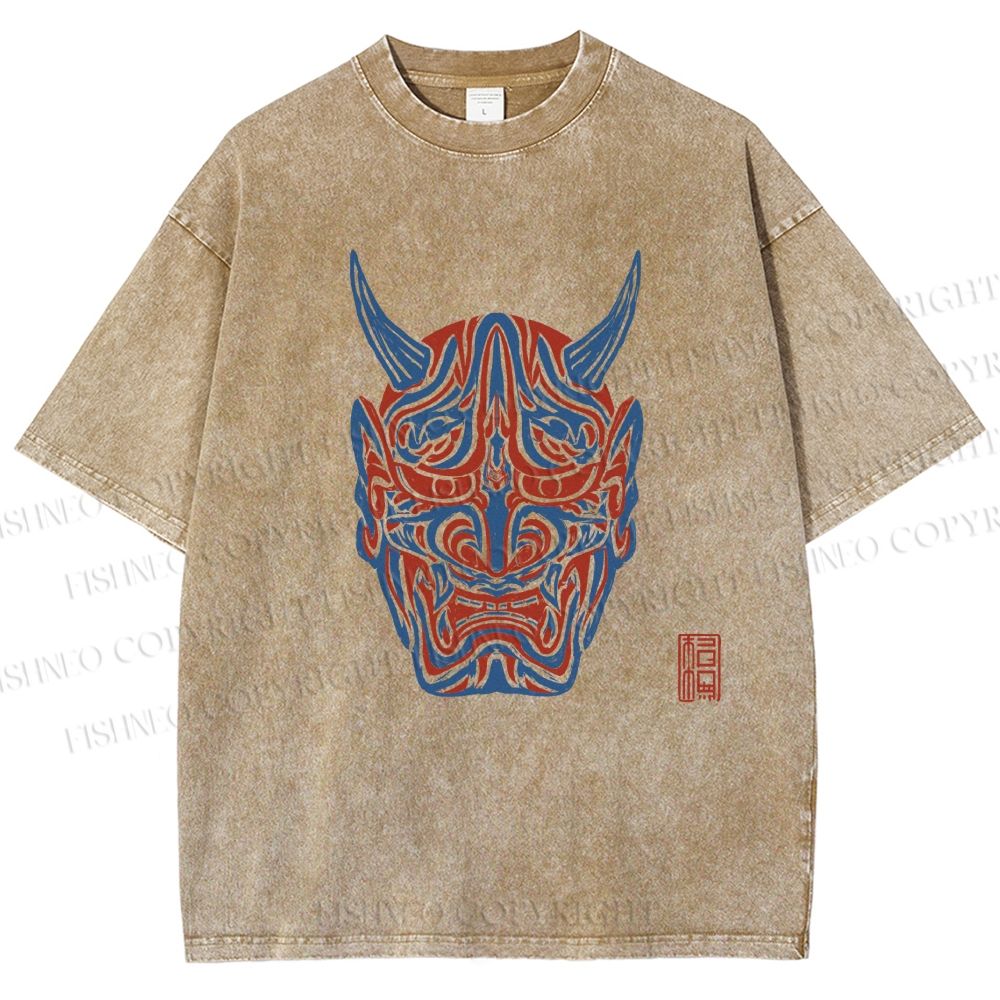 Unisex Japanese Oni Mask Printed Washed Tee