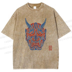 Unisex Japanese Oni Mask Printed Washed Tee
