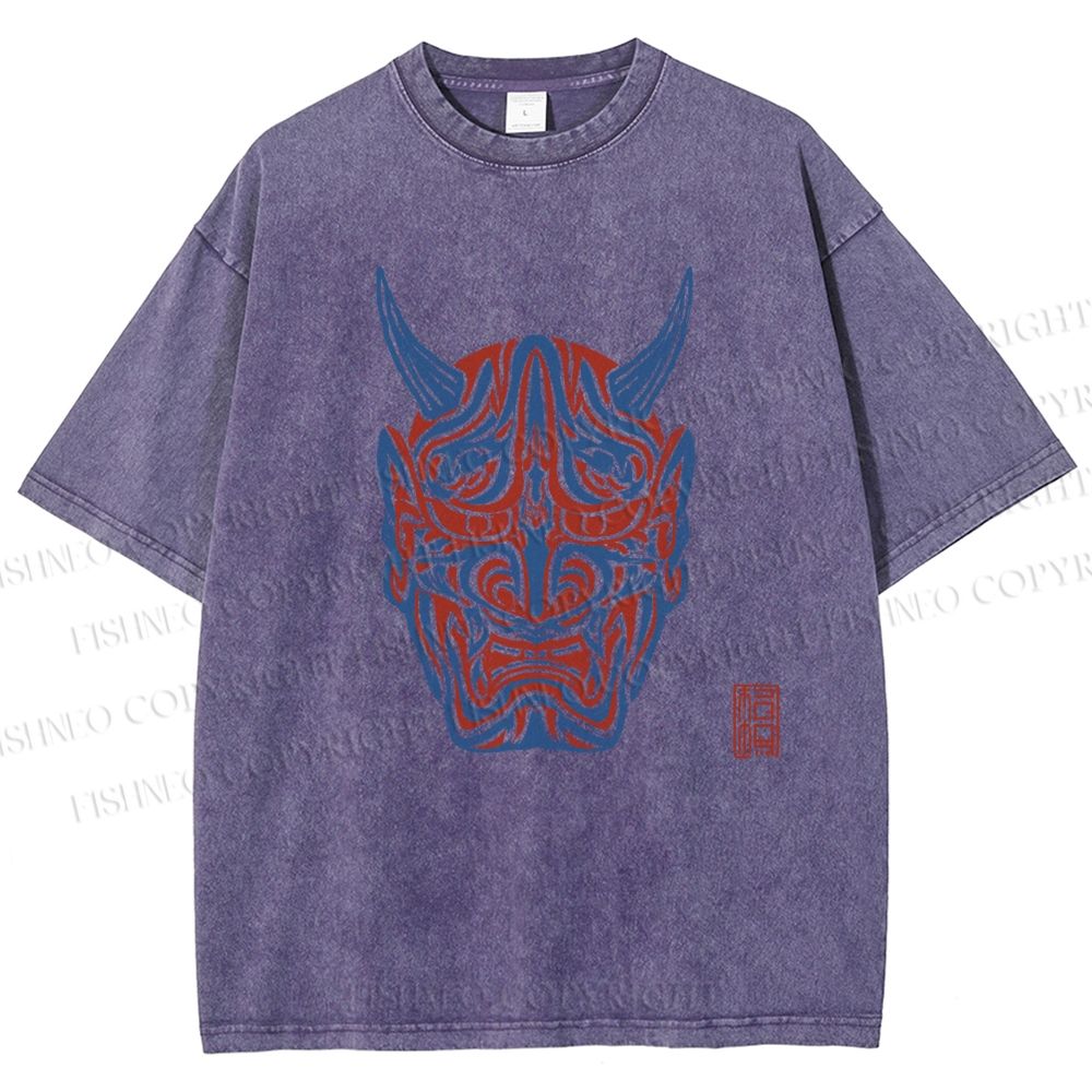 Unisex Japanese Oni Mask Printed Washed Tee