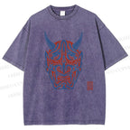 Unisex Japanese Oni Mask Printed Washed Tee