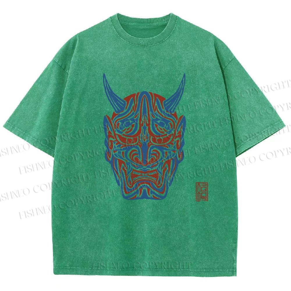 Unisex Japanese Oni Mask Printed Washed Tee