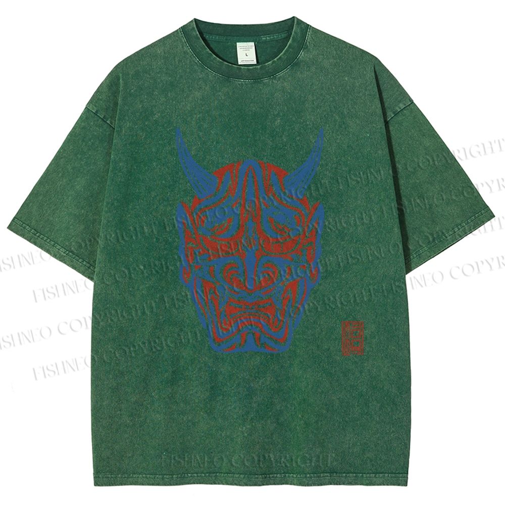 Unisex Japanese Oni Mask Printed Washed Tee