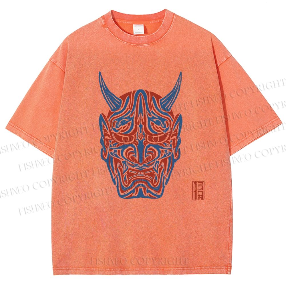 Unisex Japanese Oni Mask Printed Washed Tee