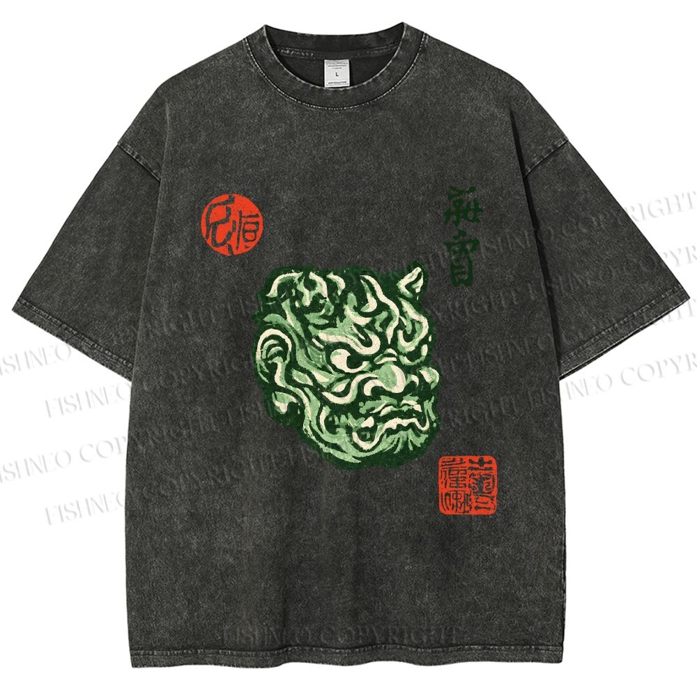 Unisex Japanese Oni Mask Printed Washed Tee