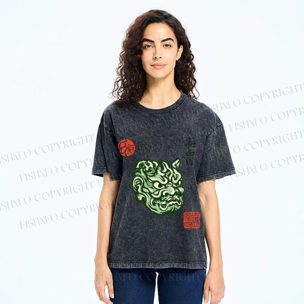 Unisex Japanese Oni Mask Printed Washed Tee