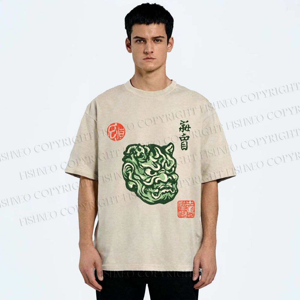 Unisex Japanese Oni Mask Printed Washed Tee