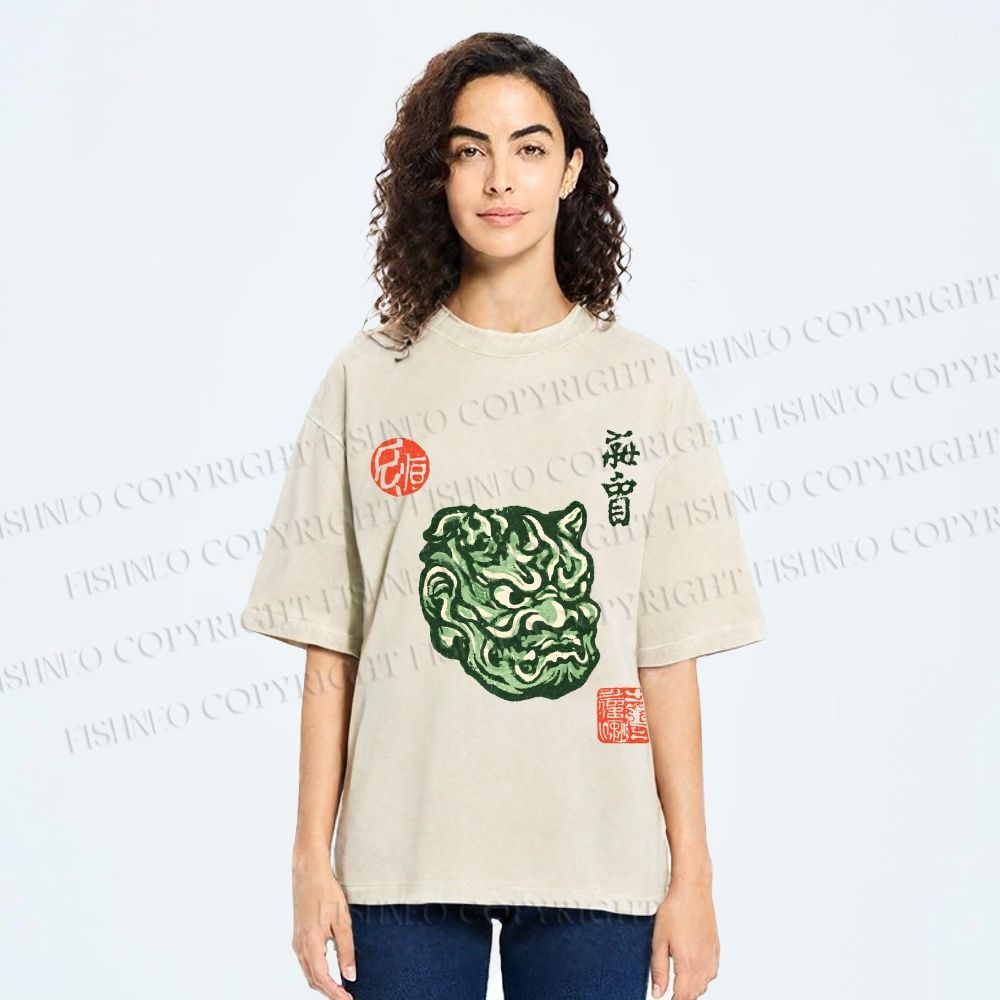 Unisex Japanese Oni Mask Printed Washed Tee