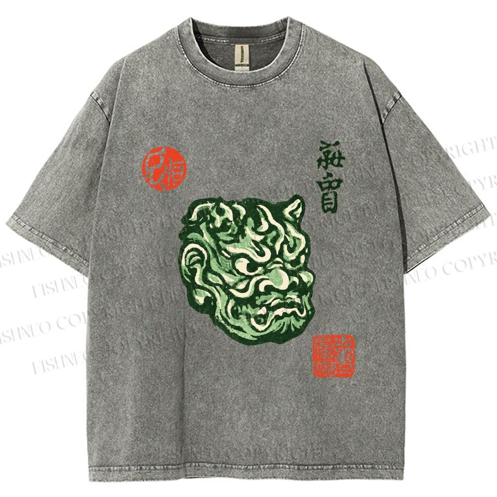 Unisex Japanese Oni Mask Printed Washed Tee