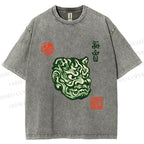 Unisex Japanese Oni Mask Printed Washed Tee
