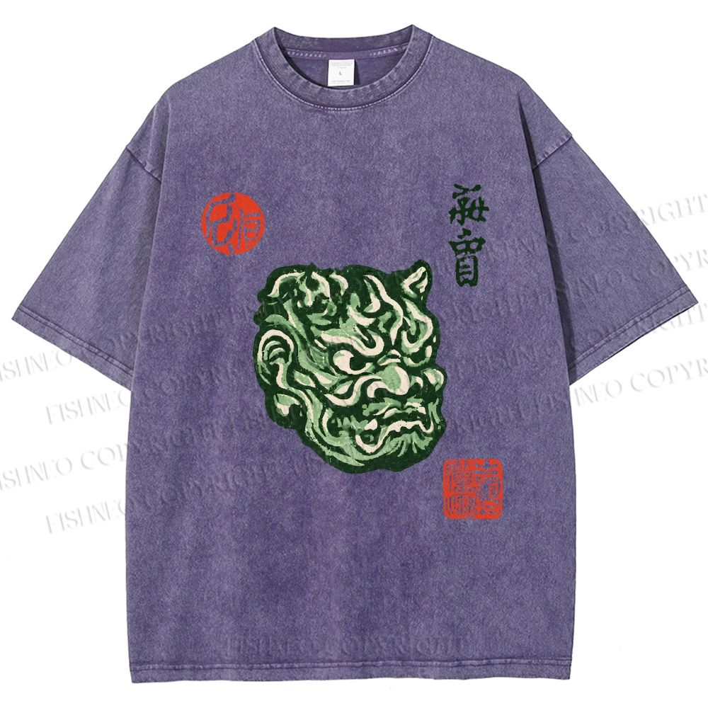 Unisex Japanese Oni Mask Printed Washed Tee