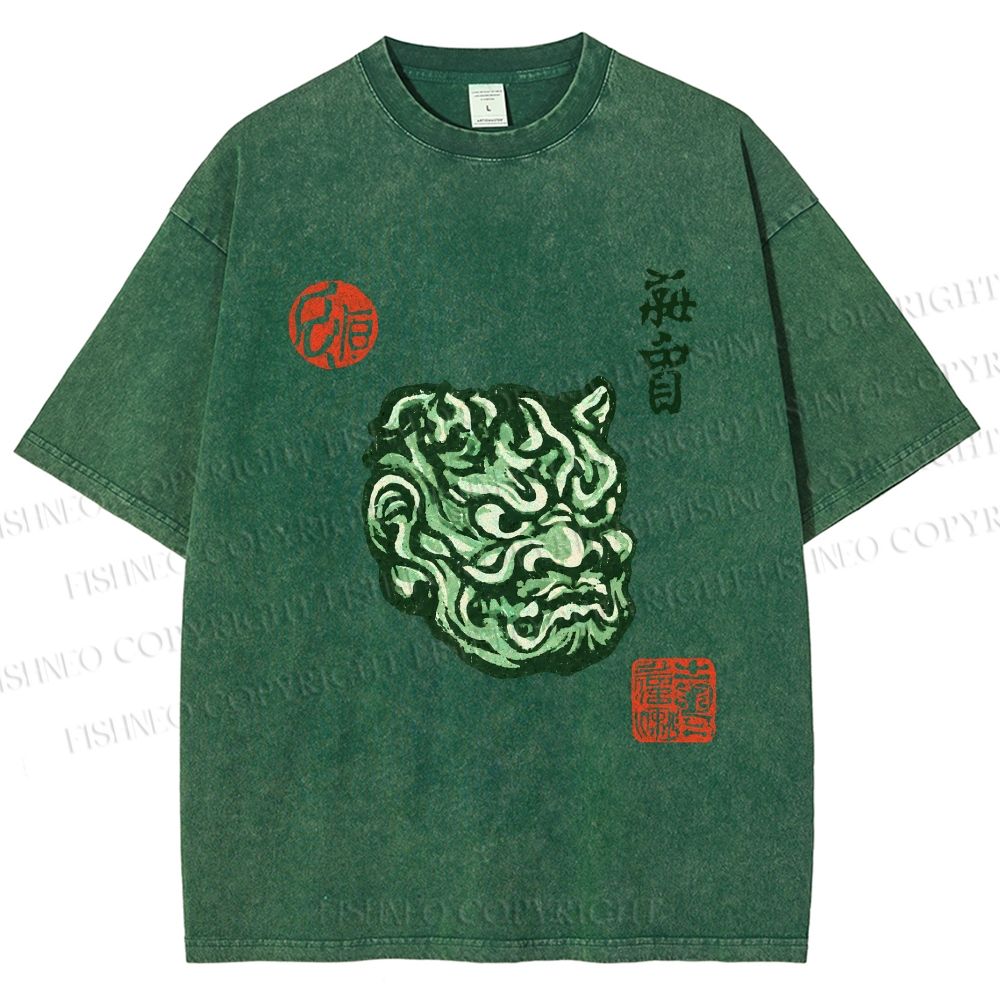 Unisex Japanese Oni Mask Printed Washed Tee