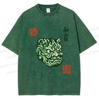 Unisex Japanese Oni Mask Printed Washed Tee