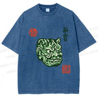 Unisex Japanese Oni Mask Printed Washed Tee